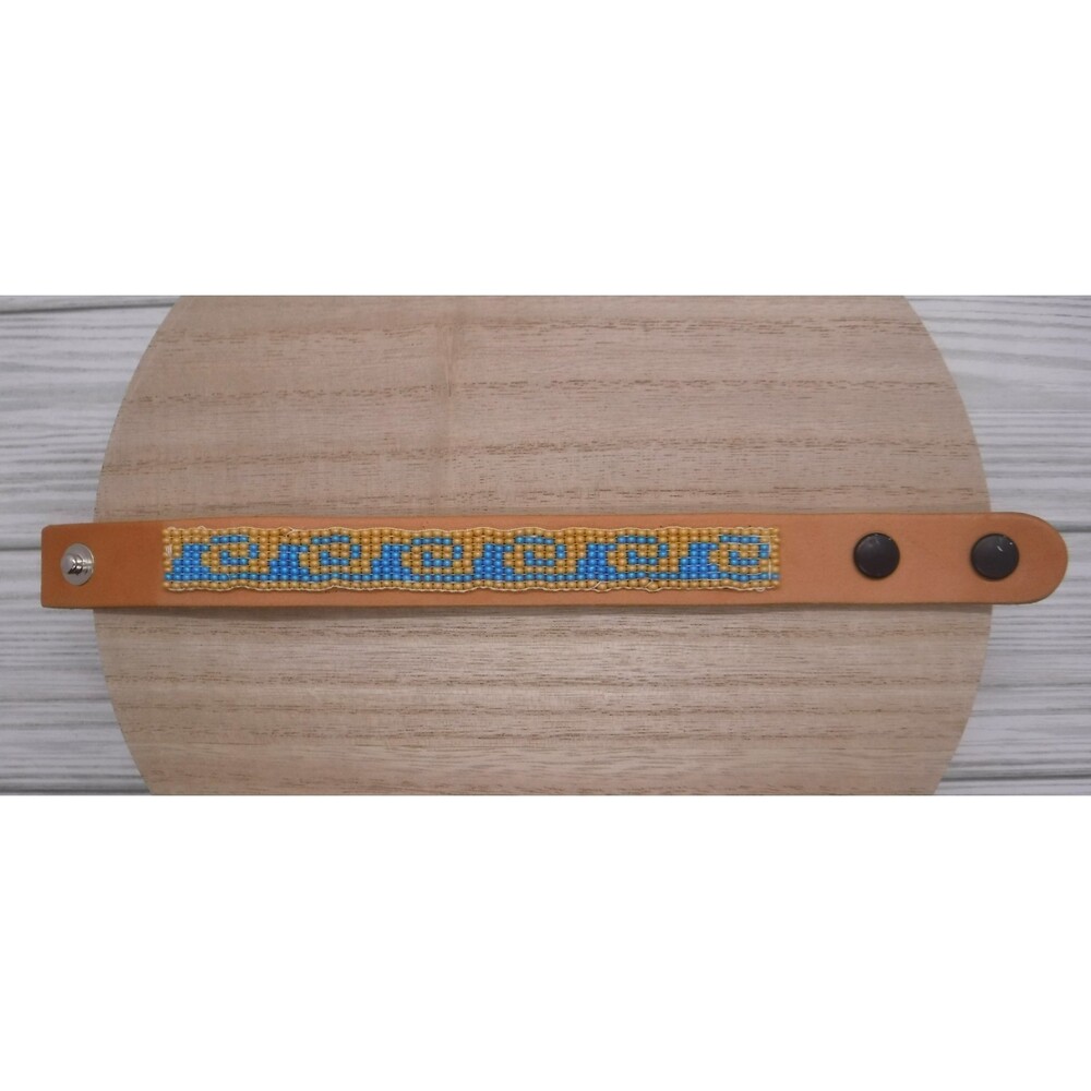 Loom Beaded Bracelet Teal & Tan Wave on Leather - Picture 2 of 5